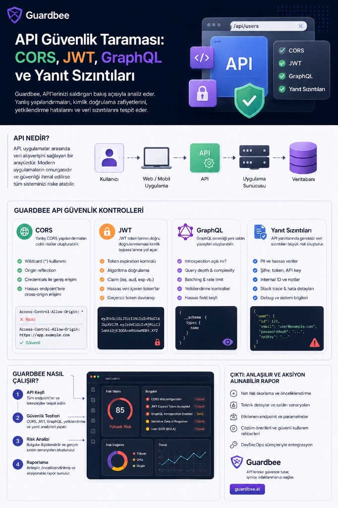 API security scanning: CORS, JWT, GraphQL, and response leakage infographic