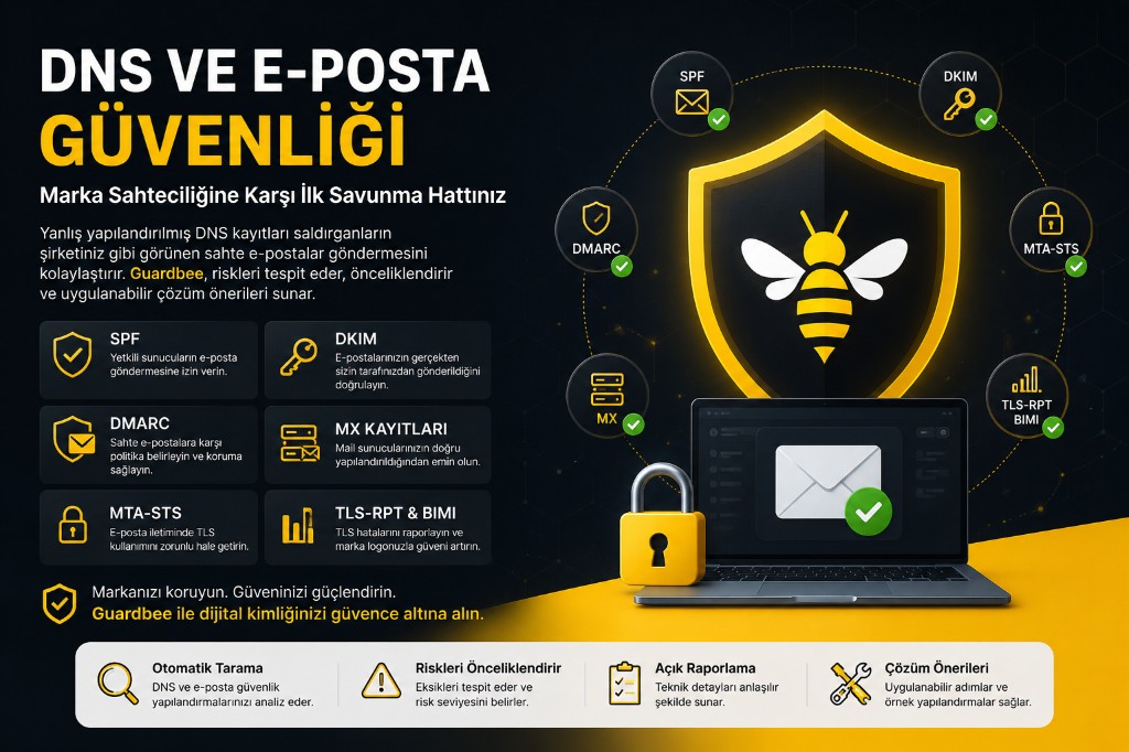 DNS and email security infographic: SPF, DKIM, DMARC, MX, MTA-STS, TLS-RPT and BIMI